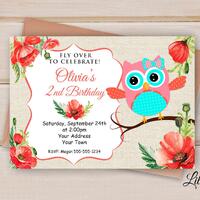 Owl Invitation, Owl Birthday Invitation, Owl Invite, Red Poppy Birthday Invitation, Owl Birthday Par