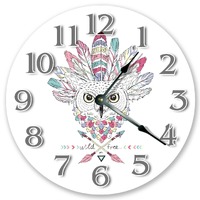 10.5" Beautiful Owl and Feather Design Clock - Pink Bird Clock - Living Room Clock - Large 10.5