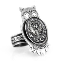Pisces Owl Coin Ring: Sterling Silver Zodiac Jewelry