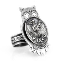 Sterling Silver Virgo Owl Ring: Zodiac Coin Medallion Jewelry
