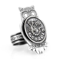 Sterling Silver Scorpio Owl Ring: Zodiac Coin Medallion