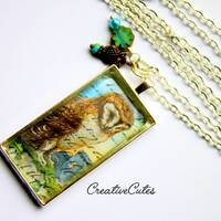 Boho Owl Art Pendant Necklace, Colorful Vintage Owl Image, Rustic Owl Charm & Blue Flower Bead, 