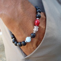 Men's Spiritual Protection, Tranquility, Fortune, Owl Wisdom Bracelet Semi Precious Aquamarine, 