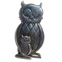 Denmark Sterling Owl Brooch Signed Brammer. Figural Momma Winking Owl and her Owlet Baby. Vintage Mi
