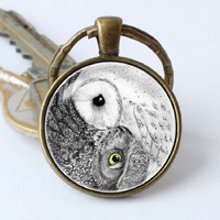 Owls keychain Yin Yang keyring Owl jewellery Zen key chain Owls keyring White owl Owl jewelry Yin Ya