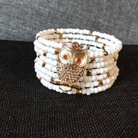 Owl White and Gold Seed Bead Bracelet