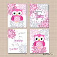 Pink Gray Owls Nursery Wall Art Floral Baby Girl Bedroom Decor Flowers You Are My Sunshine Shower Gi