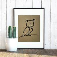 Minimalist Owl drawing in black marker on cardboard colored paper, wall art decor, original poster a