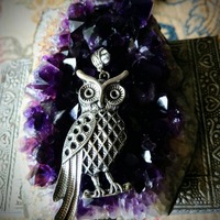 Owl Pewter Pendant Large Wise Tibetan Silver Charm Necklace Large