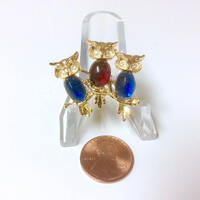 Vintage Owl Brooch: Gold Tone, Jelly Belly Glass & Rhinestone Eyes