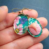 Owl Dangle Earrings - Pink Owl Head + Vintage Floral Fabric Mismatched Dangles - Retro Woodland Anim