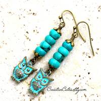 Turquoise Boho Owl Earring Dangles, Patina Brass Owl Charms, Turquoise Blue Howlite Beads, Cute Rust
