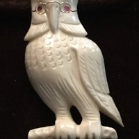 Vintage Wise Owl w/ Ruby Eyes Carved Bone 14K Gold Pin
