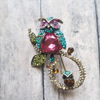Double Owl Brooch Fancy Brooch Gifts for Her Owl Jewelry Bling Brooches Crystal Owls Gold Owls Owl P