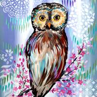 owl painting, owl paintings, painting of an owl, owl art, vertical, canvas, grey, brown, and, cherry