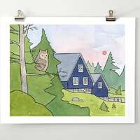 Owl and Cabin Print Woodland Bird Illustration Scandinavian Nursery Wall Art Dorm Art