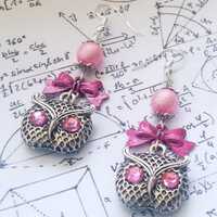 Pink Ears - Gothic Steampunk Romantic Pink owl bead and bow Dangle Drop Earrings