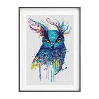 Owl cross stitch pattern, Modern watercolor bird, Animal counted x-stitch, Abstract embroidery, Digi