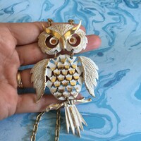Gold Toned Metal White Enamel Owl Necklace - Amber Colored Rhinestone Eyes Owl Pendant with Gold Ton