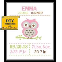 Baby Owl Cross Stitch Birth Announcement Cross Stitch Birth Record Cross Stitch Baby Girl Boy Owl Pi