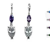 Boucle oreille Hibou argent et cristal,bijou hibou porte-bonheur,marquise améthyste ém