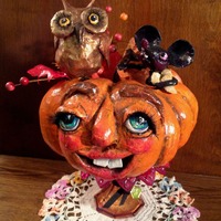 12.5" Happy Pumpkin with Owl and Mouse.