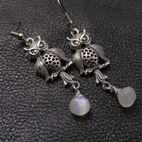Owl Earrings, White Moonstone, E1694