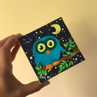 Miniature Teal Owl Art, Mini Painting, 4x4 acrylic canvas