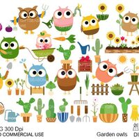 Gardener owls digital clip art for Personal and Commercial use - INSTANT DOWNLOAD