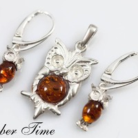 SET0006 Baltic Amber Owl Jewelry Set, Sterling Silver Pendant and Earrings