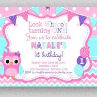 Pink Purple Turquoise Owl Invitation, Girls Owl Birthday Invitation , Owl 1st birthday Invitation , 