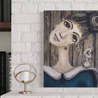Original acrylic painting Safo and her snowy owl: canvas art, original art, woman, vintage, blue dre