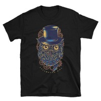 Steampunk Owl - Short-Sleeve Unisex T-Shirt - Gears Hat Clothes Blue Yellow Gold Brown