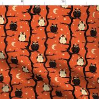 Owls Fabric - Halloween Owl Tree By Johannaparkerdesign - Orange Black Vintage Retro Halloween Cotto