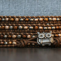 owl bracelet - soft metallic seed beads on chocolate brown leather wrap bracelet - silver gold bronz