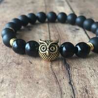 Matte Black Onyx Beaded Bracelet with Gold Owl Charm, Handmade Natural Stone Stretch Bracelet, Minim