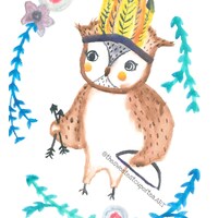 Julian the Warrior Owl : Watercolor Painting Print // Nursery Decor, Woodland Creature Series, Whims