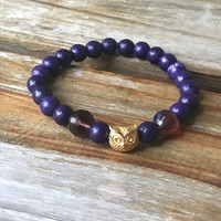 18K Gold Plated Owl Charm Bracelet: Purple Beaded Friendship Gift