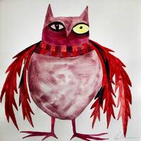 Original Pink Owl Watercolor Painting, Whimsical Bird Art, 8x8