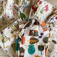 Vintage Style Linen Gift Bags: Rose, Bunny, Owl Print - 10 Pcs