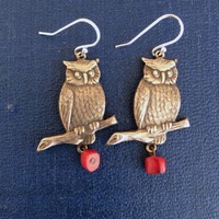 Owl Dangle Earrings with Red Coral, Sterling, 1 5/8 inches