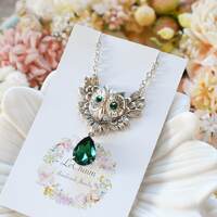 Owl Necklace, May Birthstone Necklace, Owl Jewelry, Silver Plated Brass Owl, Emerald Green Necklace,
