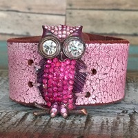 Rustic and Rhinestones OWL Leather Cuff Shabby Chic