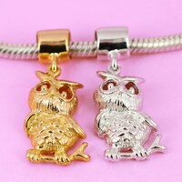 Owl Bird Charm Solid 925 Sterling Silver Rhodium or Vermeil Gold Owl Bird Pendant for Bead Bracelet 