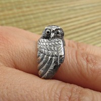 Owl Ring with Black Diamond Eyes - Totem Ring - Bird Ring - Silver Ring - Animal Ring - Pagan Ring -