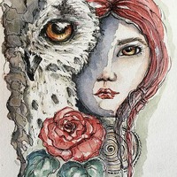 Owl, Spirit Animal Owl, Strong And Free, Watercolor, Ink Illustration, Fine Art Print, Girl with owl