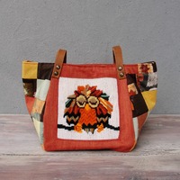 Woodland Owl Bag - Vintage Embroidery, Sunny Orange Colors, Patchwork and Leather Bag.