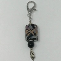 Black Painted Flower Bead with Silver Owl Charm Purse Journal Planner Dangle Zipper Pull