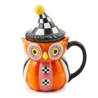 Mackenzie Childs Courtly Check Pottery Ceramic Owl Mug With Lid Hat New in Box Whimsical rare decor
