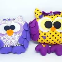 Handmade Felt Owl Set: Purple Nursery Decor, Soft Plush Gift